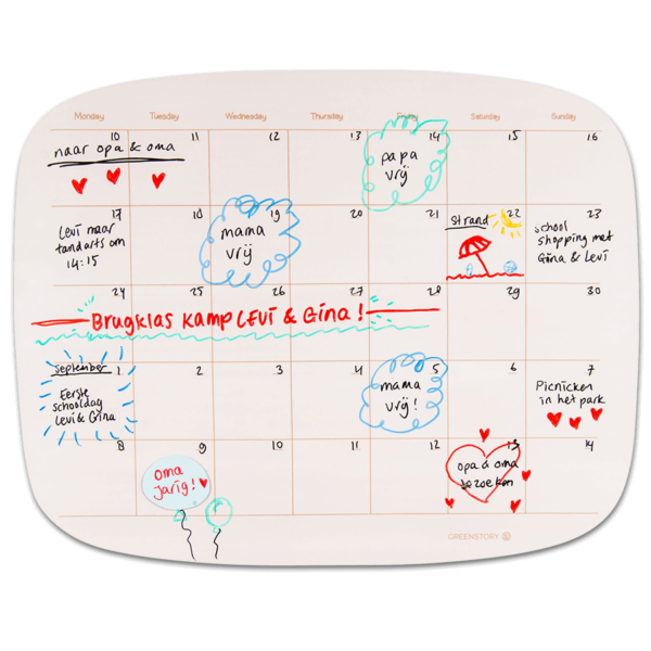 Sticky whiteboard maandplanner organisch met sticky tabs, beschreven met whiteboard pen.