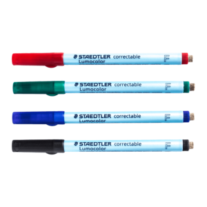 4 uitwisbare pennen set van Staedtler Lumocolor non permanent 305 F, rood, groen, blauw en zwart.