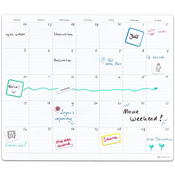 Sticky whiteboard maandplanner groot met sticky tabs, beschreven met whiteboard pen.
