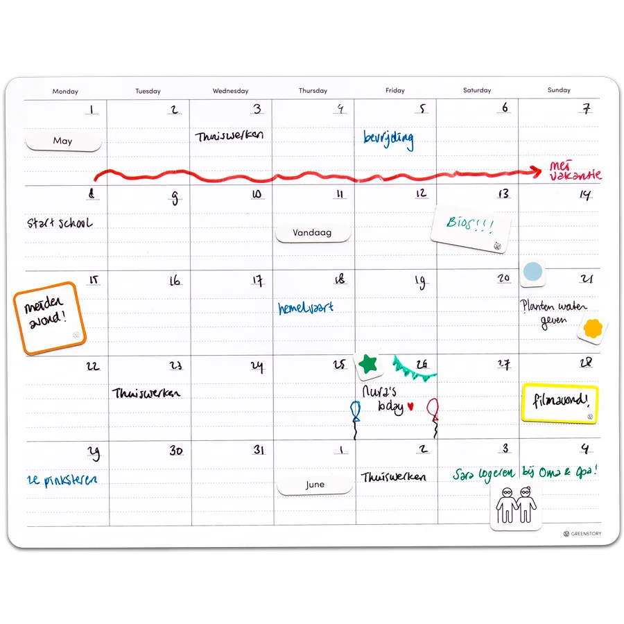 Sticky whiteboard maandplanner medium met sticky tabs, beschreven met whiteboard pen.