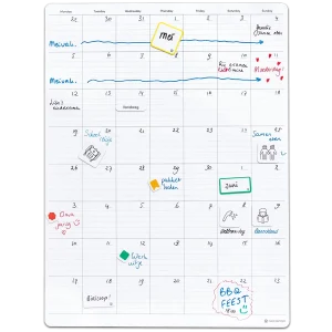Sticky whiteboard maandplanner 8 weken met sticky tabs, beschreven met whiteboard pen.