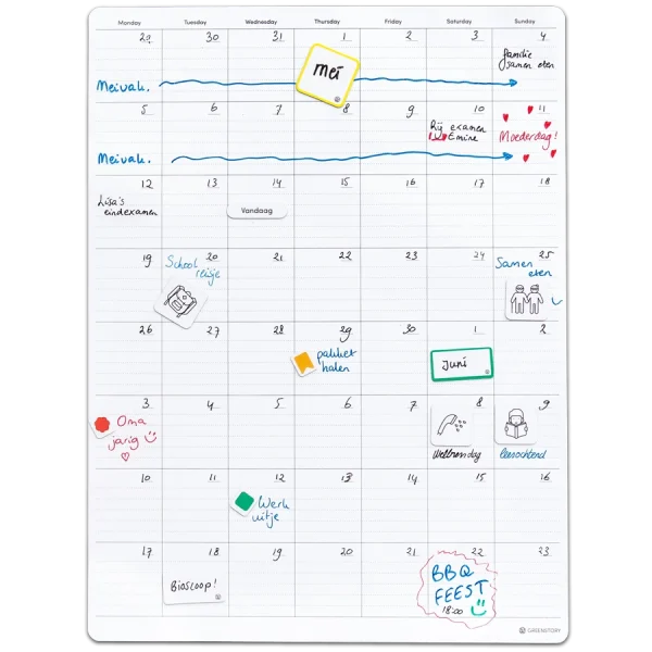 Sticky whiteboard maandplanner 8 weken met sticky tabs, beschreven met whiteboard pen.
